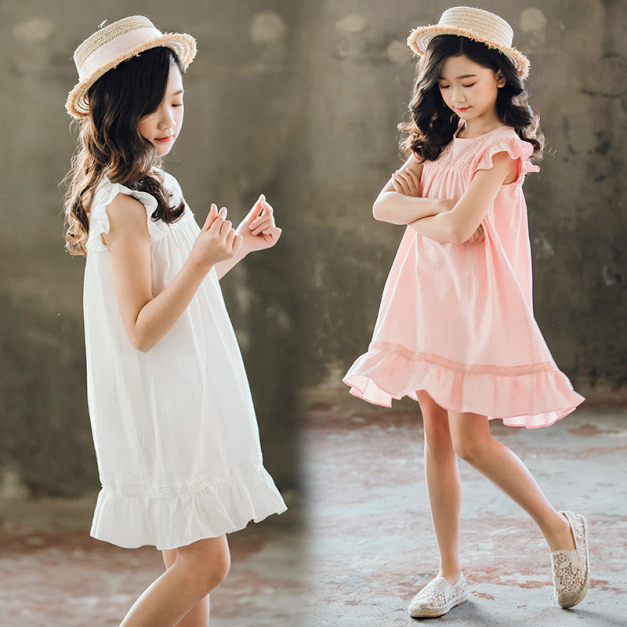 2021夏裝韓版中大童小清新花邊荷葉邊連衣裙(白/粉)