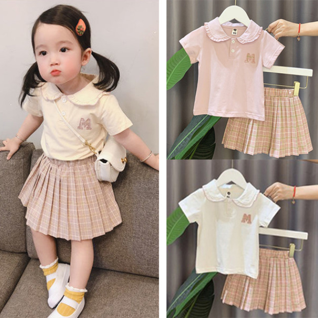 2021夏裝韓版花邊娃娃領上衣＋格子百摺裙褲二件套(3色)