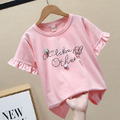2021夏裝韓版中大童立體花朵花邊袖粉色上衣