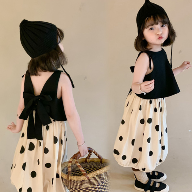 2021夏裝韓版蝴蝶結露背上衣+圓點長裙二件套