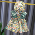 2021夏裝韓版小女童碎花綁帶公主裙+帽子二件套_1