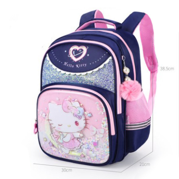 新款韓版凱蒂貓小學生1~3年級減壓護脊書包 (立體閃亮花邊)深藍色