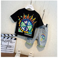 2021夏裝韓版男童彩色皇冠印花上衣+牛仔短褲二件套(黑色)_2