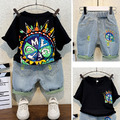 2021夏裝韓版男童彩色皇冠印花上衣+牛仔短褲二件套(黑色)