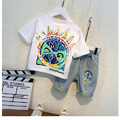 2021夏裝韓版男童彩色皇冠印花上衣+牛仔短褲二件套(白色)_3
