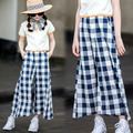 2021夏裝韓版中大童復古休閒寬鬆格子寬版褲