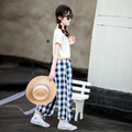 2021夏裝韓版中大童復古休閒寬鬆格子寬版褲_3