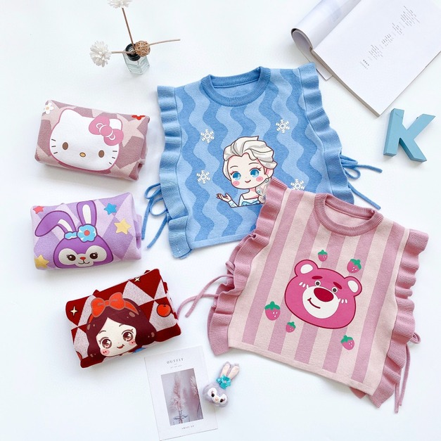 2021秋裝韓版中大童可愛卡通木耳邊針織毛線背心(5款)