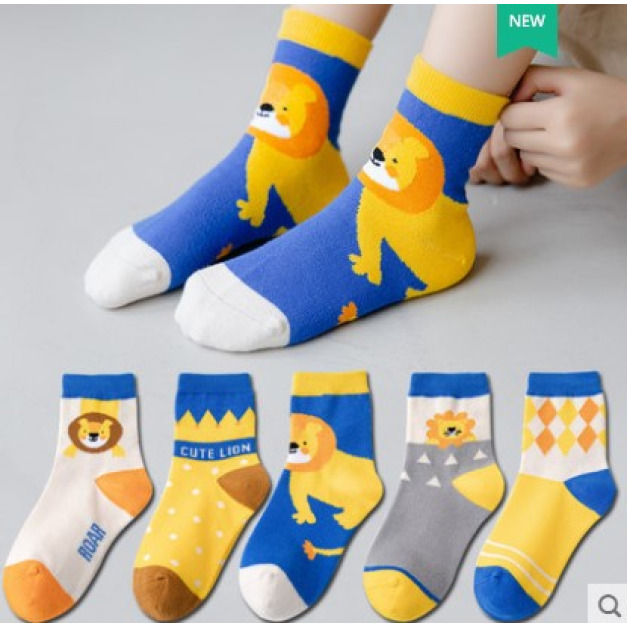 韓版可愛小獅子款棉質短襪/中筒襪(5雙一組)