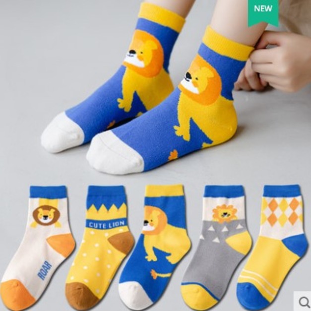 韓版可愛小獅子款棉質短襪/中筒襪(5雙一組)