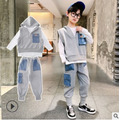2021秋裝韓版男童牛仔口袋拼接背心+上衣+長褲三件套(2色)