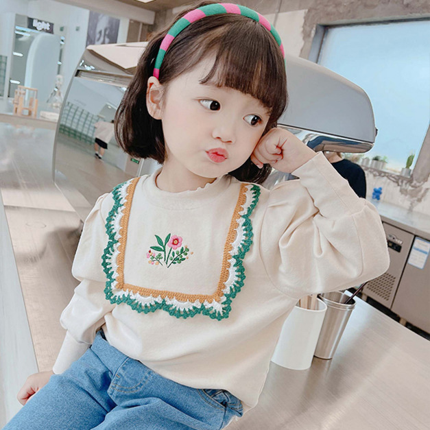 2022春裝韓版公主澎澎袖花朵刺繡上衣(杏色)