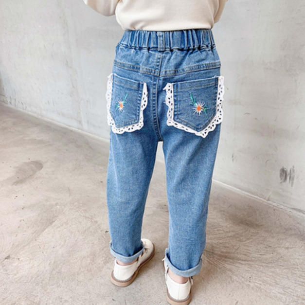 2021秋裝韓版花朵刺繡牛仔褲/長褲