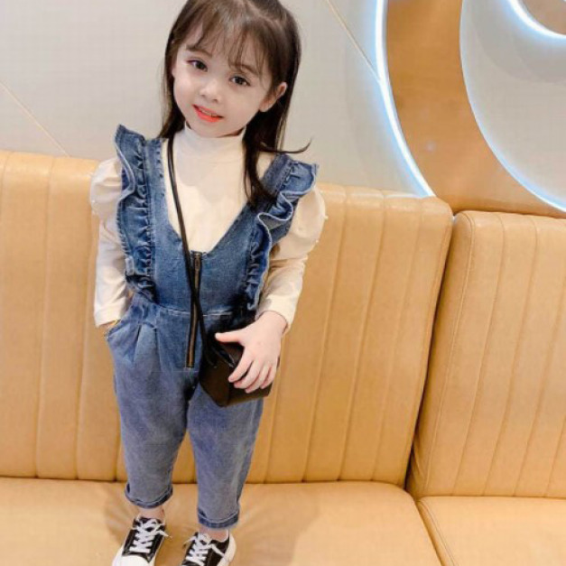 2021秋裝韓版荷葉邊拉鏈吊帶牛仔褲/長褲