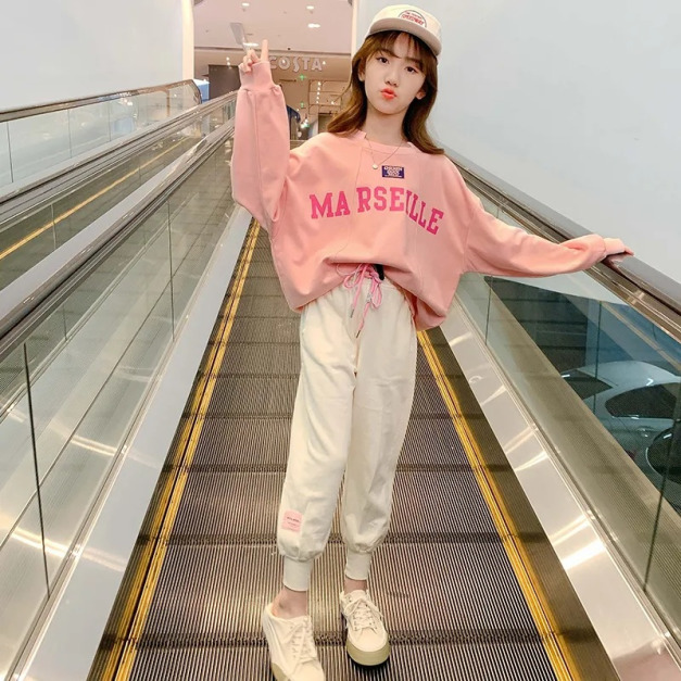 2021秋裝韓版中大童寬鬆粉色上衣+米白休閒長褲二件套