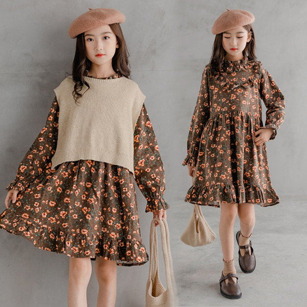 2021秋裝韓版中大童小碎花連衣裙+針織背心二件套