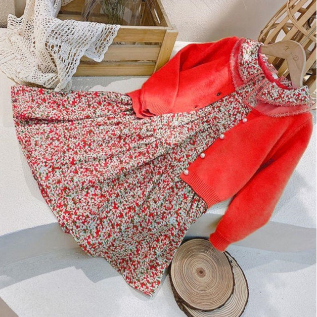 2021秋裝韓版小碎花連衣裙+針織小外套二件套(紅色)