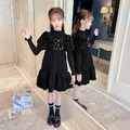 2021冬款韓版中大童加厚小香風蝴蝶結短袖黑色公主裙_3