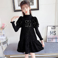 2021冬款韓版中大童加厚小香風蝴蝶結短袖黑色公主裙