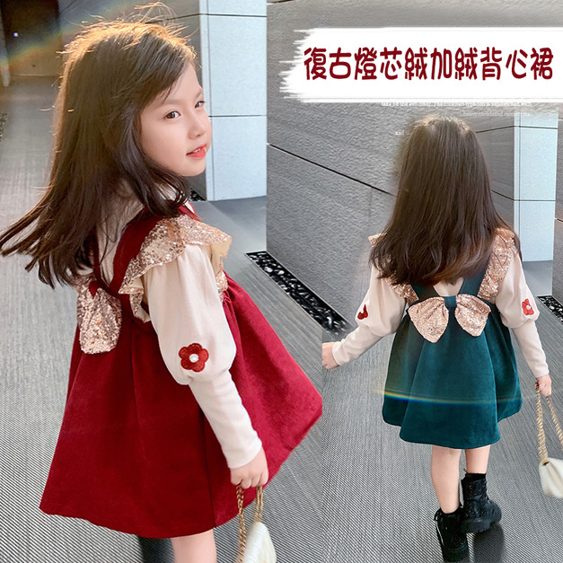 2021冬裝韓版中大童蝴蝶結復古燈芯絨加絨背心裙(2色)
