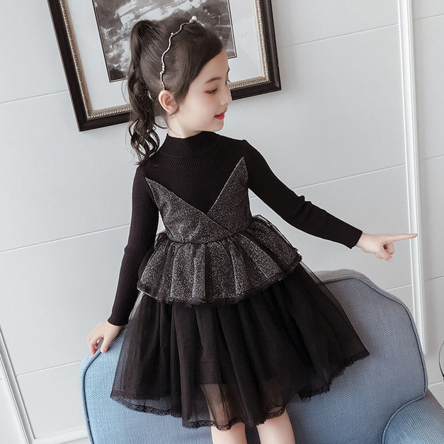2021冬裝韓版中大童針織V型假二件公主裙/連衣裙(黑色)現貨