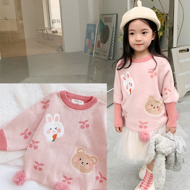 2021冬裝韓版中大童針織小兔子毛球粉色上衣/毛衣(現貨120碼)