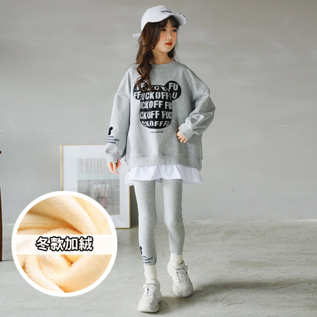 2021冬款韓版加絨中大童休閒運動寬鬆上衣+內搭褲二件套(灰色)
