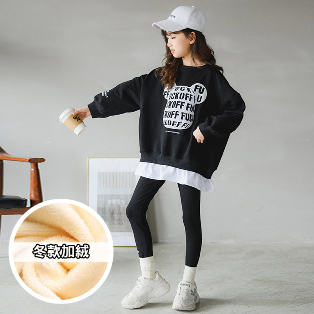 2021冬款韓版加絨中大童休閒運動寬鬆上衣+內搭褲二件套(黑色)