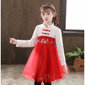 2021冬款韓版中大童中國風旗袍刺繡網紗公主裙(紅色)現貨