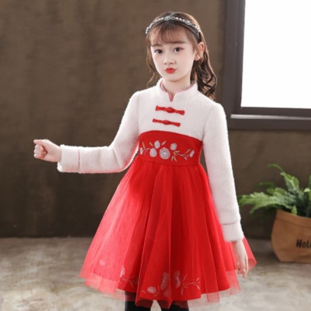2021冬款韓版中大童中國風旗袍刺繡網紗公主裙(紅色)現貨