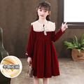 2021冬款韓版加絨中大童學院風金絲絨公主裙(紅色)