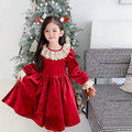 2021冬款韓版加絨中大童蕾絲領金絲絨紅色公主裙(送髮飾)