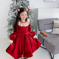 2021冬款韓版加絨中大童蕾絲領金絲絨紅色公主裙(送髮飾)_1