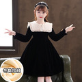 2021冬款韓版加絨中大童學院風金絲絨公主裙(黑色)