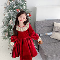 2021冬款韓版加絨中大童蕾絲領金絲絨紅色公主裙(送髮飾)_4