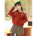 2021冬款韓版中大童森系刺繡娃娃領針織毛衣/上衣(紅色)_1