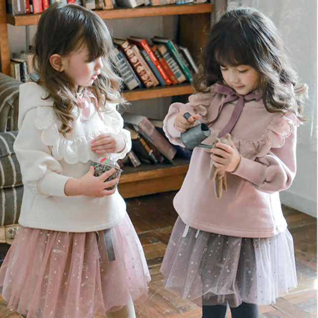 2021冬款韓版中大童毛絨蓬蓬袖花邊連帽上衣(3色)