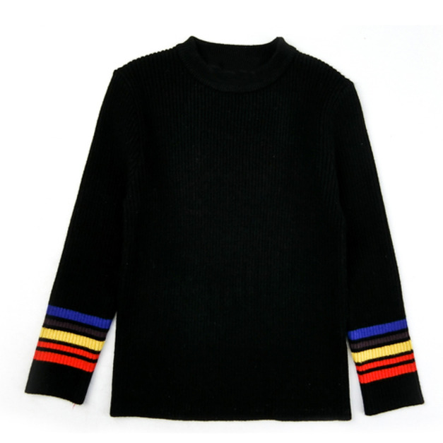 2021冬款韓版中大童彩色袖口針織上衣(黑色)