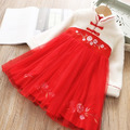 2021冬款韓版中大童中國風旗袍刺繡網紗公主裙(紅色)瑕疵品