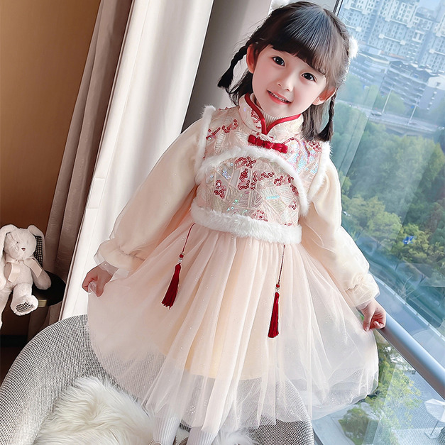 2021冬款中國風刺繡流蘇旗袍拼接網紗公主裙(粉色) 現貨