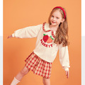 2021冬款韓版中大童草莓花邊領上衣+格紋短裙二件套_1