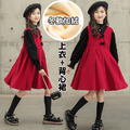 2021冬款韓版中大童新年紅色背心裙+黑色加絨上衣二件套(現貨)