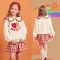 2021冬款韓版中大童草莓花邊領上衣+格紋短裙二件套