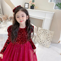 秋冬款韓版中大童甜美風亮片拼接網紗公主裙/禮服(紅色)現貨140碼