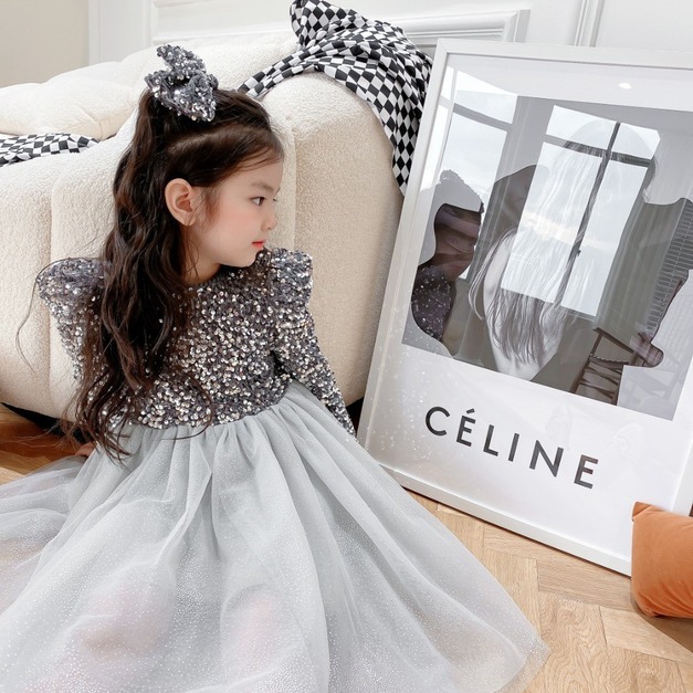 秋冬款韓版中大童甜美風亮片拼接網紗公主裙/禮服(銀色) 現貨140碼