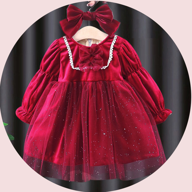 2021冬款韓版新年小童蝴蝶結加絨公主裙(送髮飾)