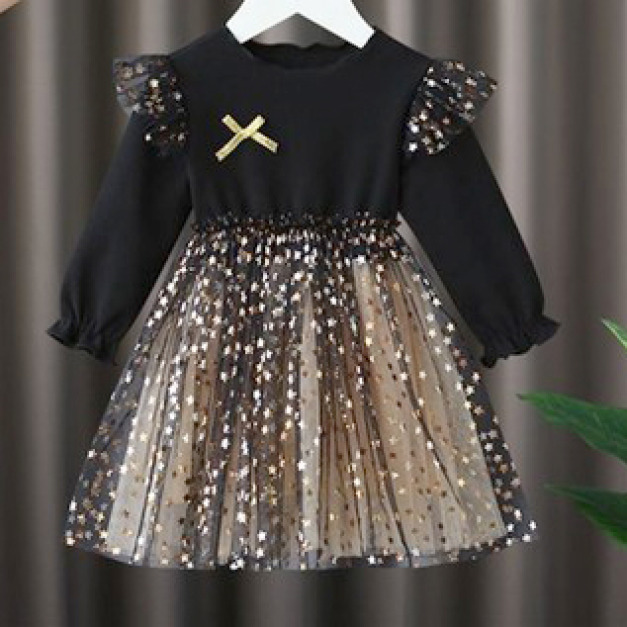 2021冬款韓版小飛袖星星網紗公主裙