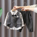 2021春秋款韓版男童格子襯衫+背心+長褲三件套裝(深灰色)