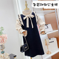 2021冬款中大童蝴蝶結花邊氣質針織連衣裙(黑色)現貨