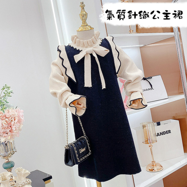 2021冬款中大童蝴蝶結花邊氣質針織連衣裙(黑色)現貨